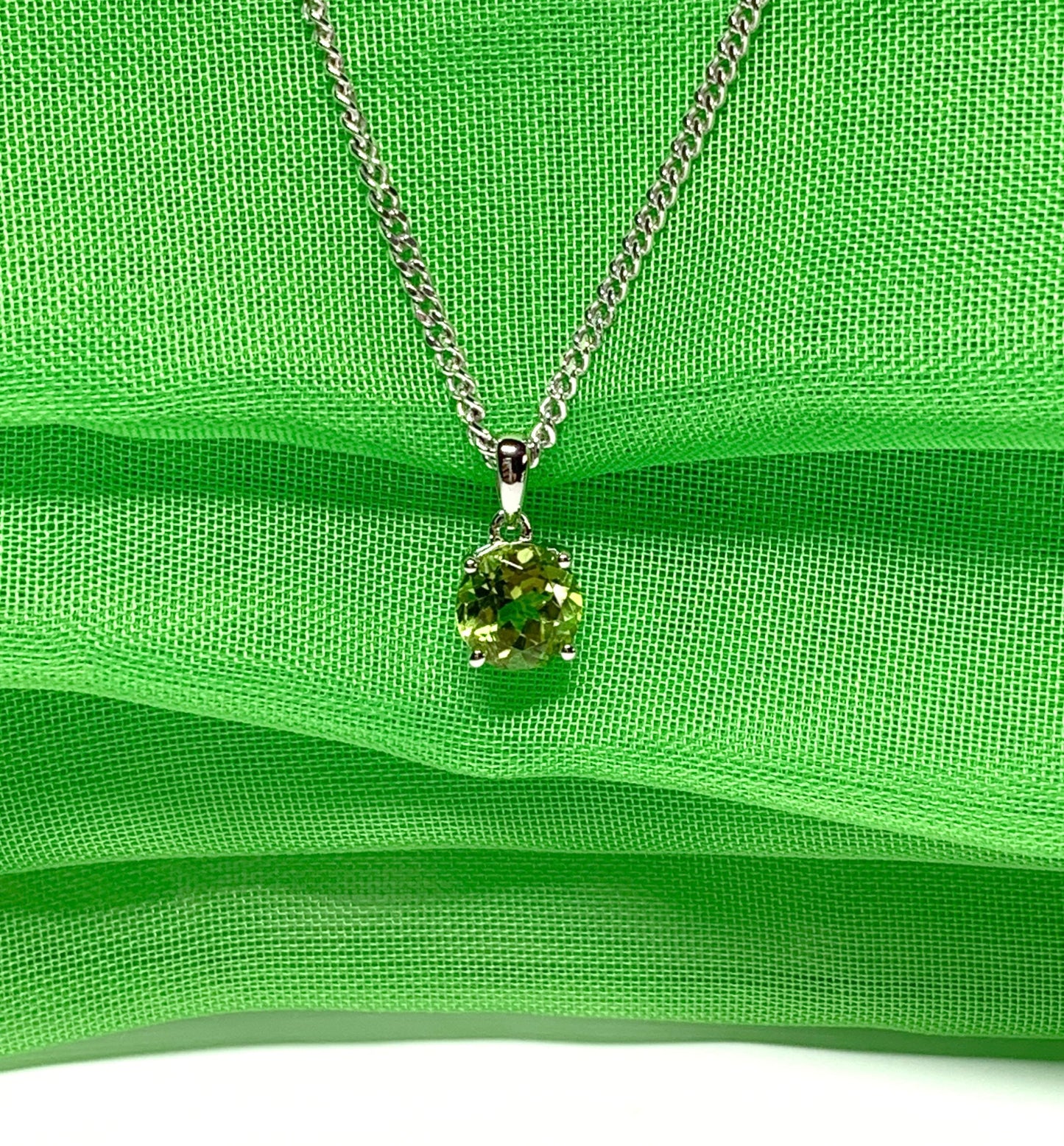 Green real round peridot sterling silver necklace