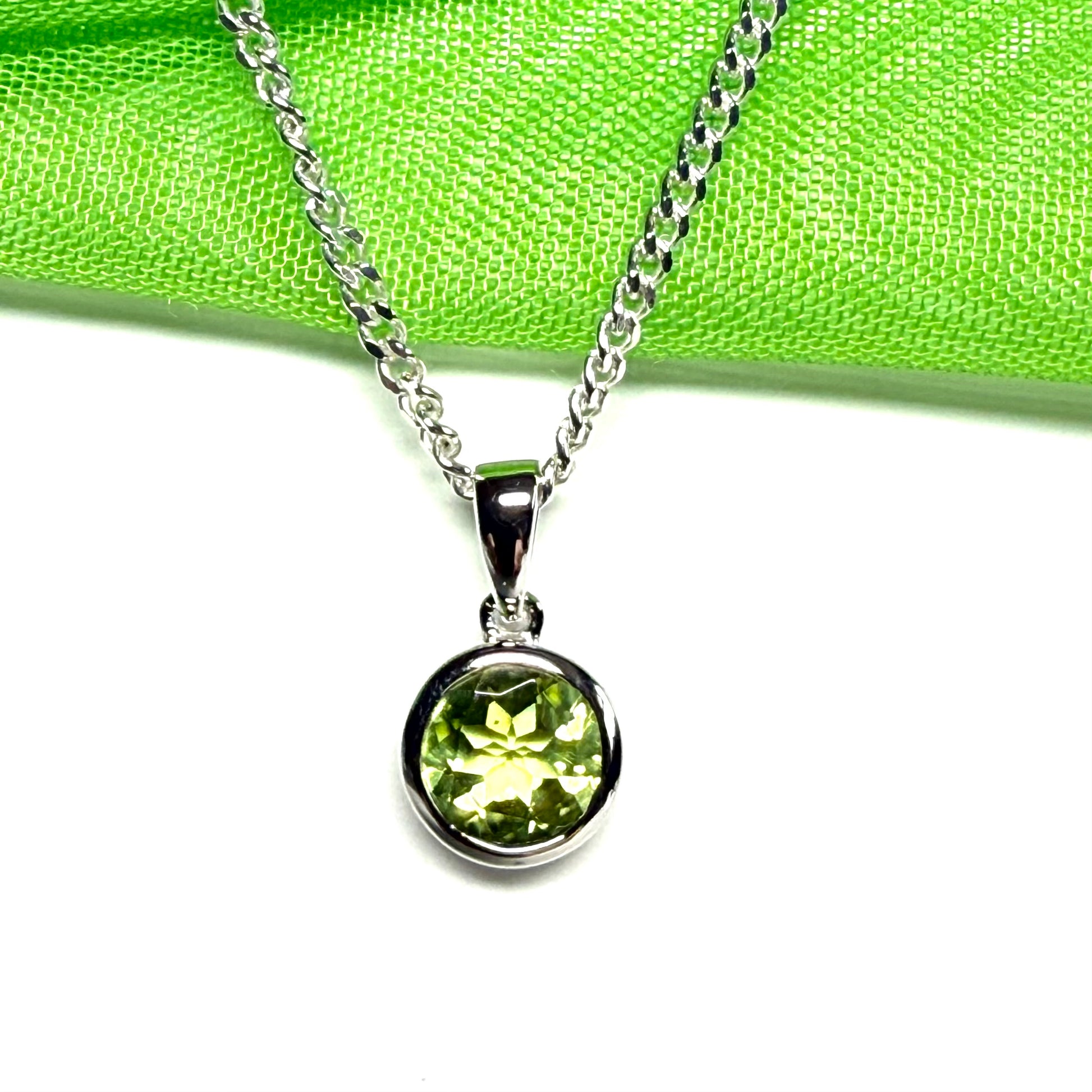 Green real round peridot necklace sterling silver pendant, a simply gorgeous smooth rubbed over setting