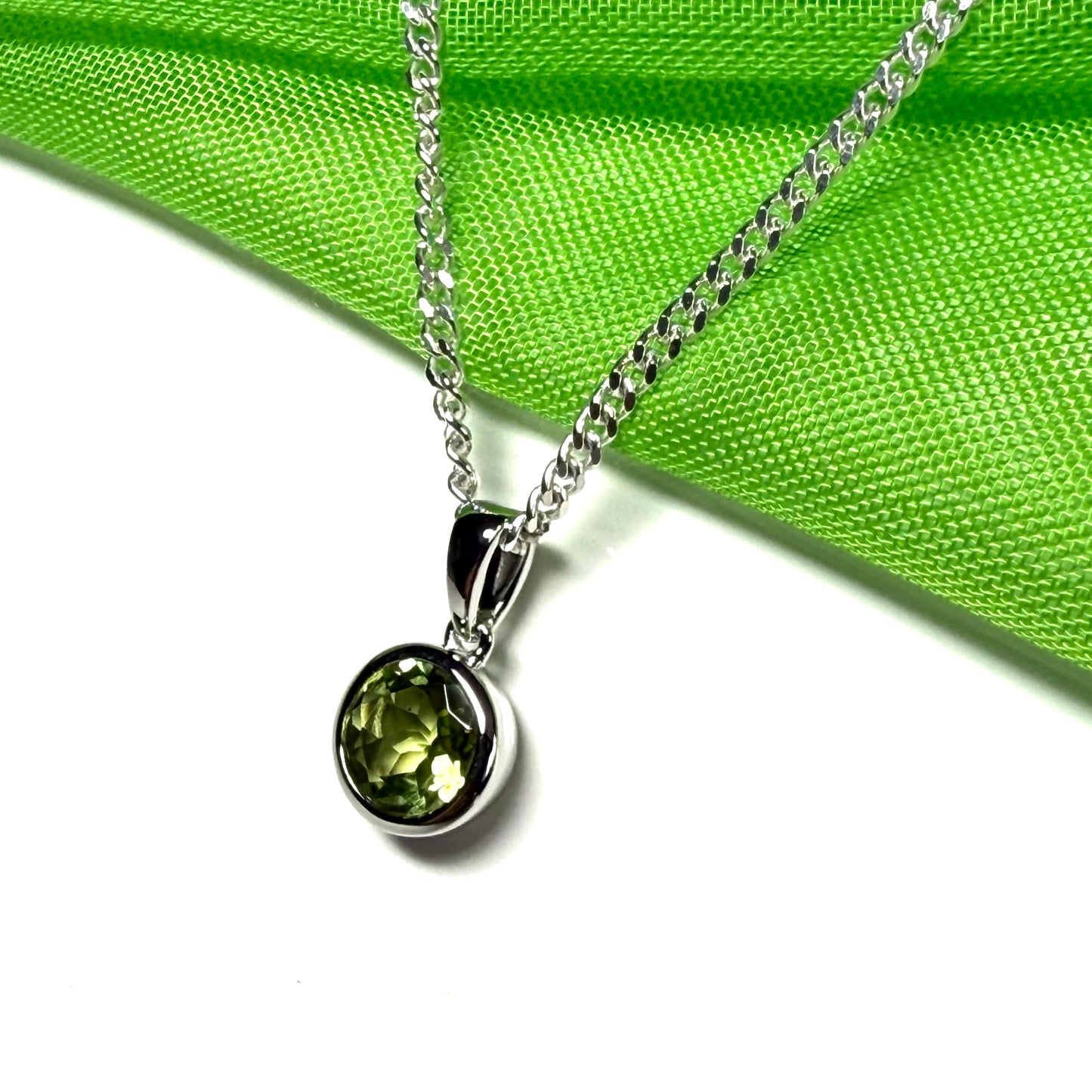 Green real round peridot necklace sterling silver pendant, a simply gorgeous smooth rubbed over setting