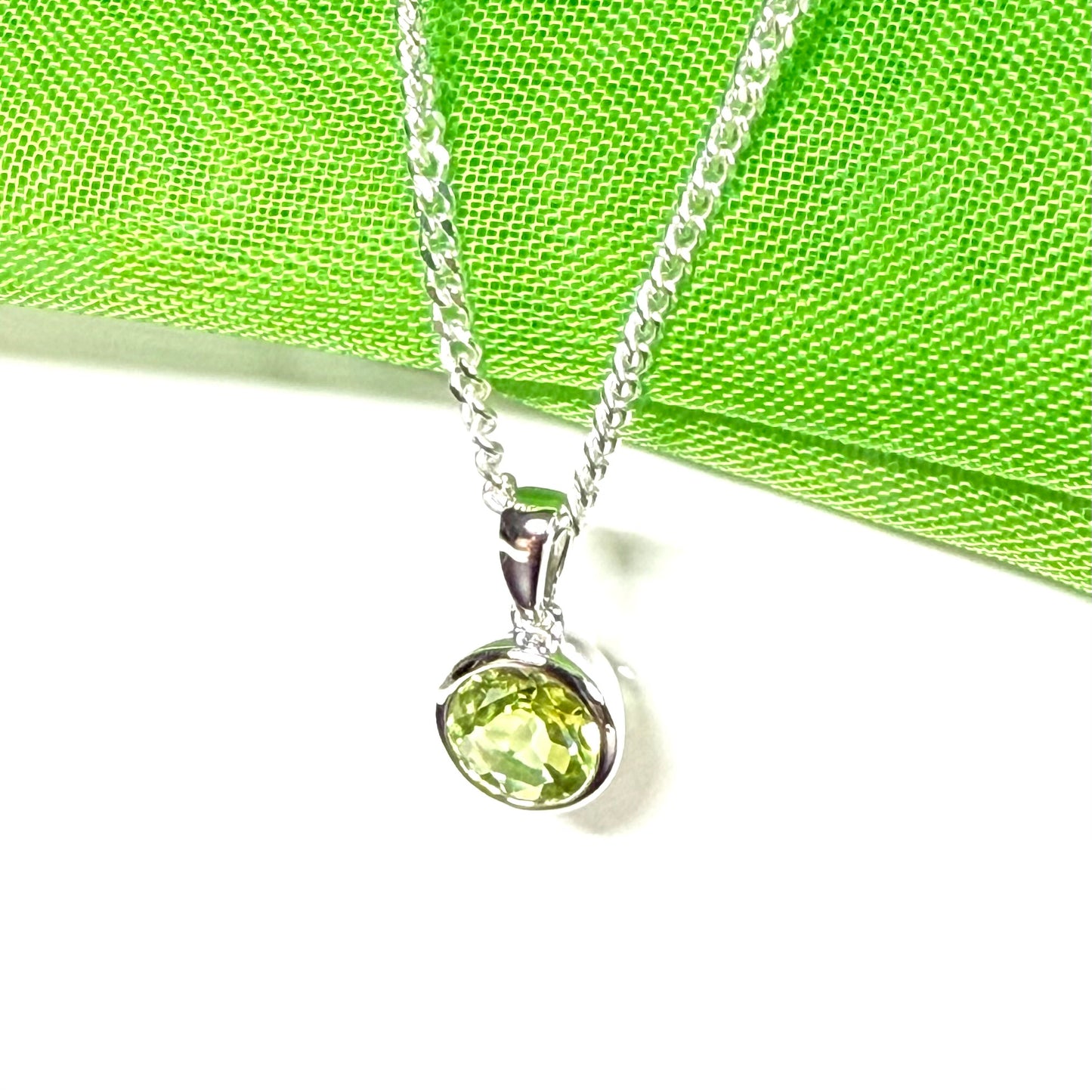 Green real round peridot necklace sterling silver pendant, a simply gorgeous smooth rubbed over setting