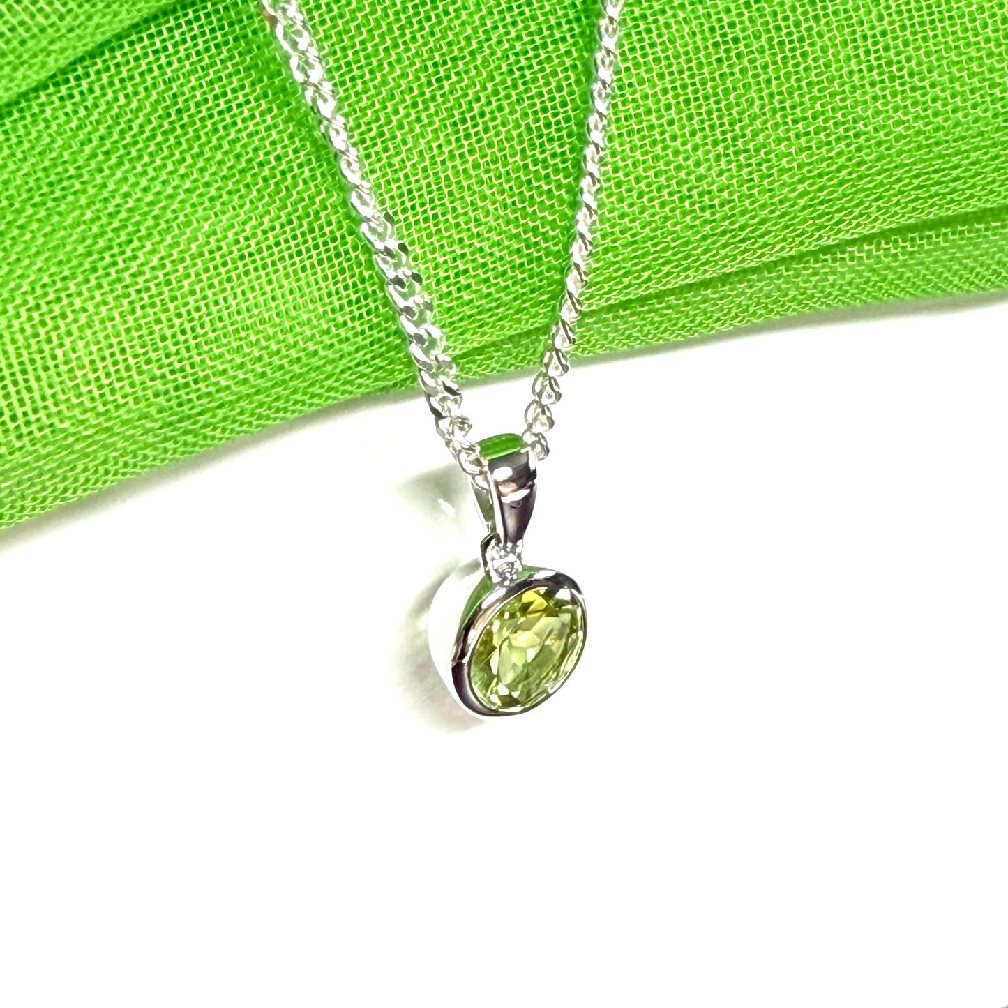 Green real round peridot necklace sterling silver pendant, a simply gorgeous smooth rubbed over setting