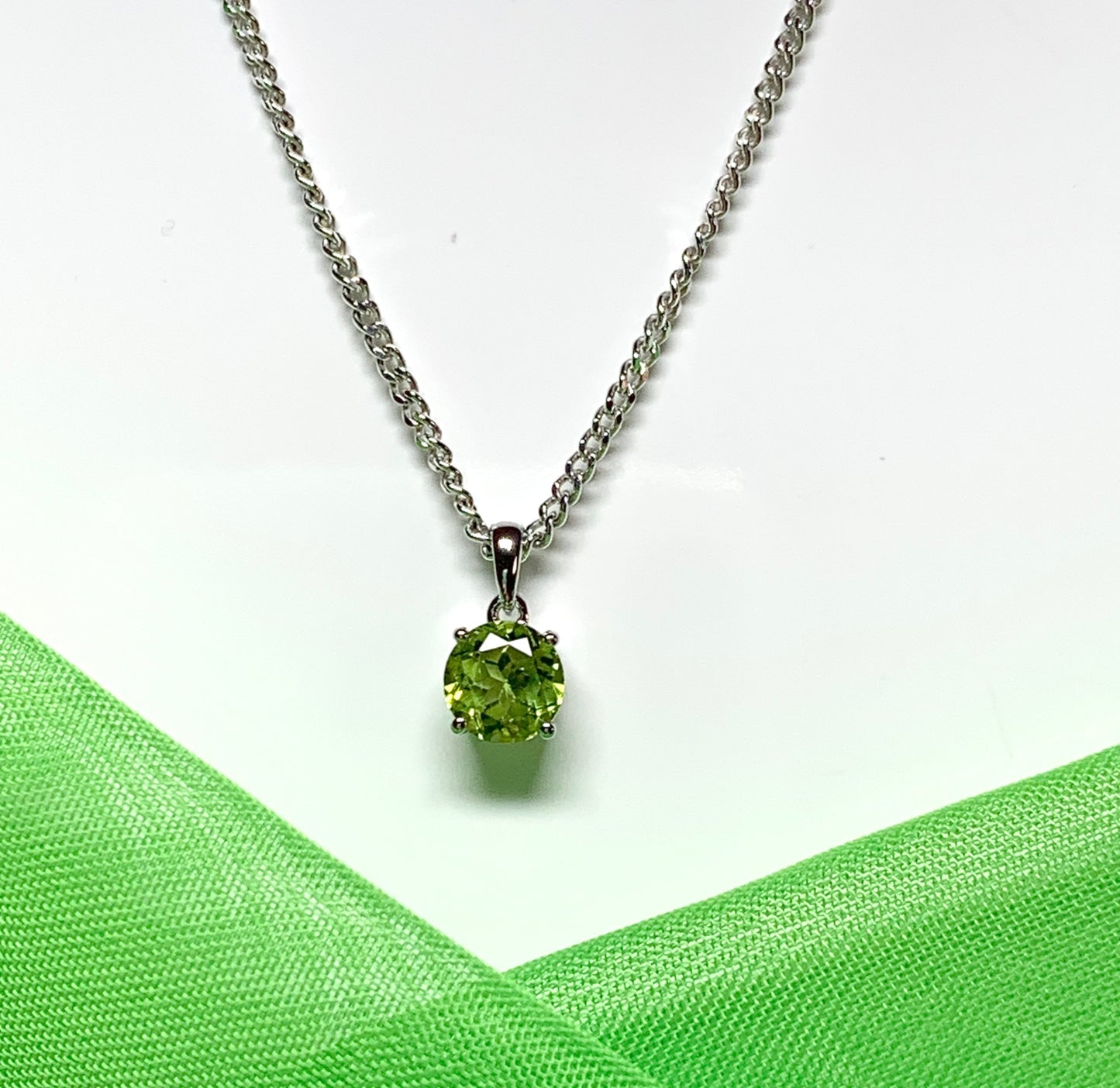 Green real round peridot sterling silver necklace