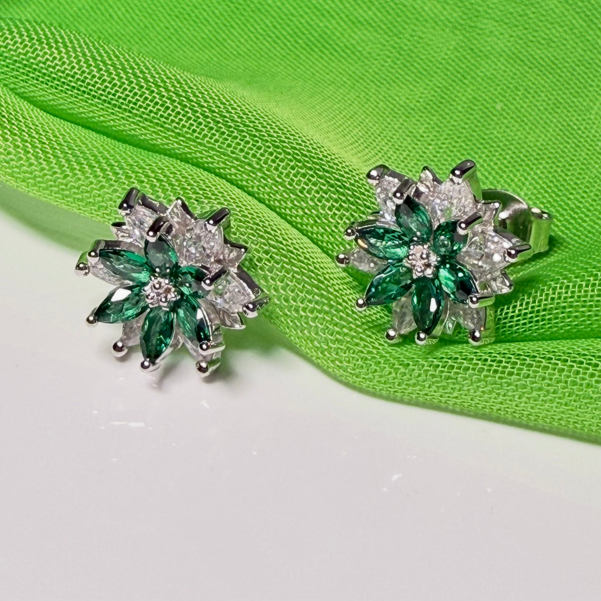 Green round marquise cluster earrings cubic zirconia sterling silver