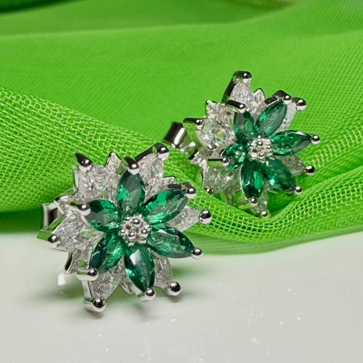 Green round marquise cluster earrings cubic zirconia sterling silver