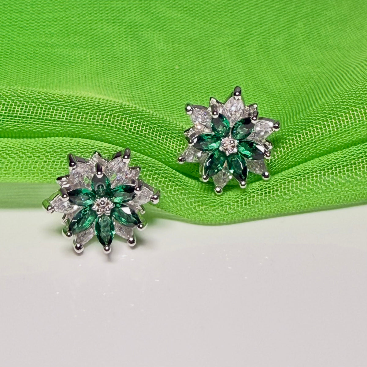 Green round triangular marquise cluster earrings cubic zirconia sterling silver