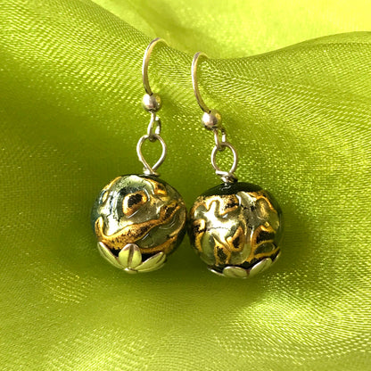 Green and gold round real Murano glass drop earrings