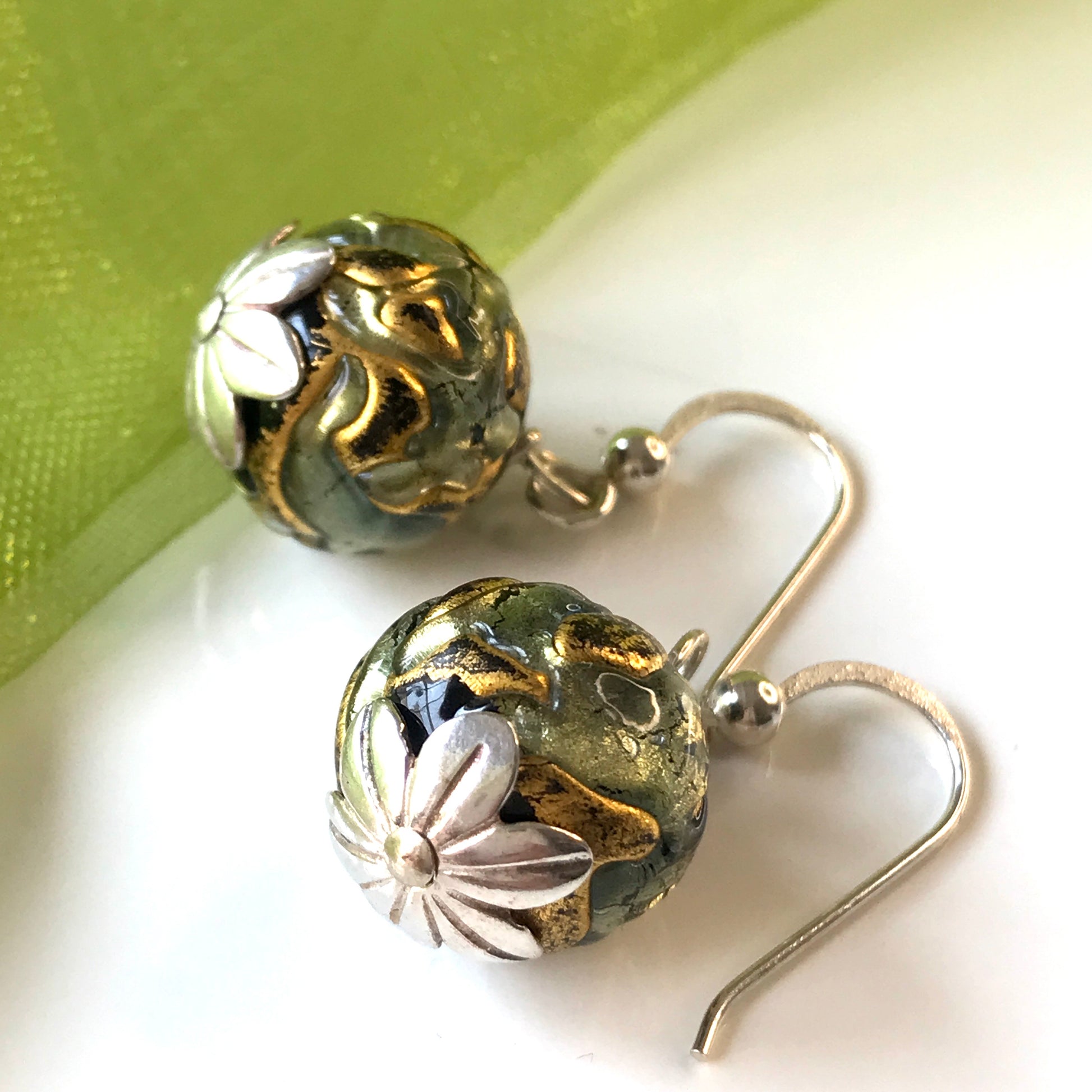 Green and gold round real Murano glass drop earrings