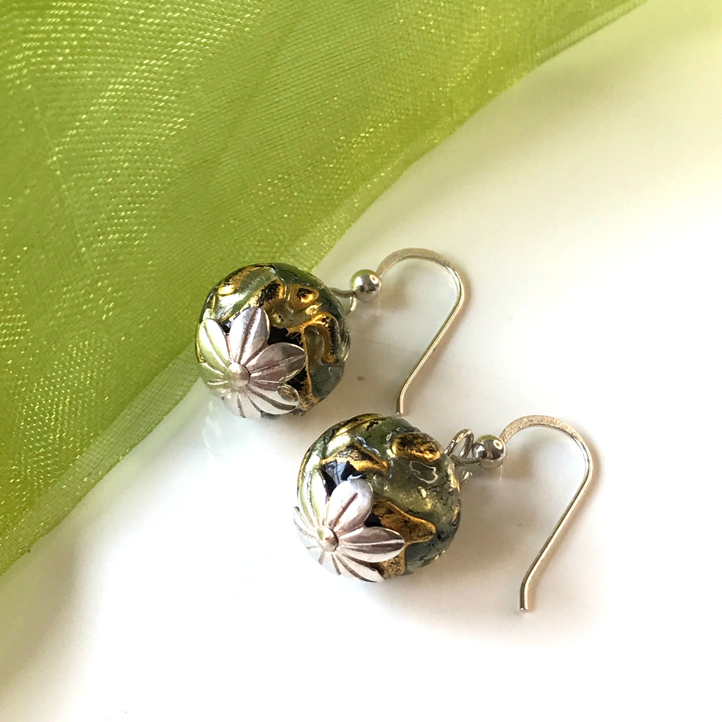 Green and gold round real Murano glass drop earrings