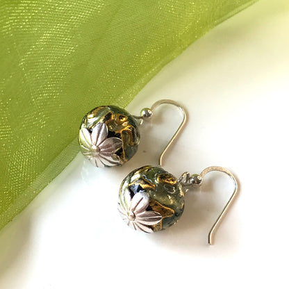 Green and gold round real Murano glass drop earrings