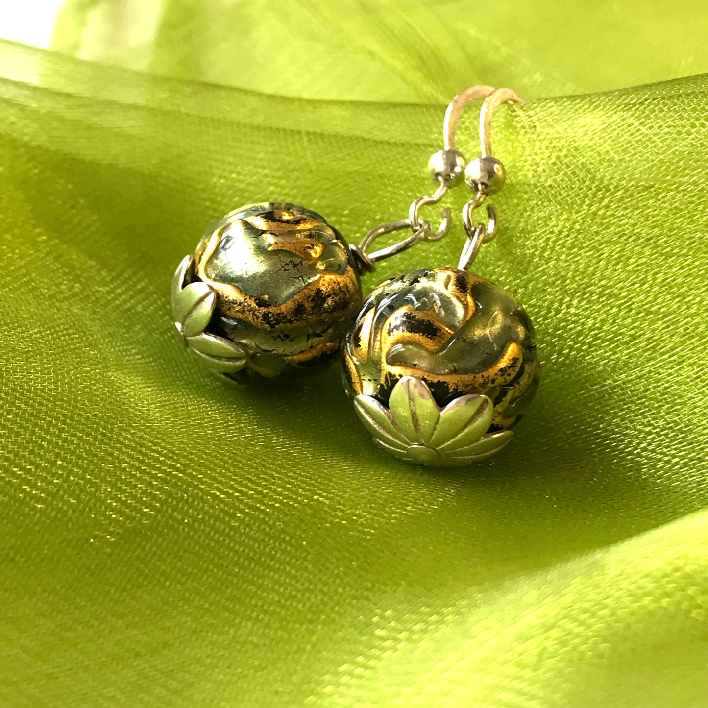 Green and gold round real Murano glass drop earrings