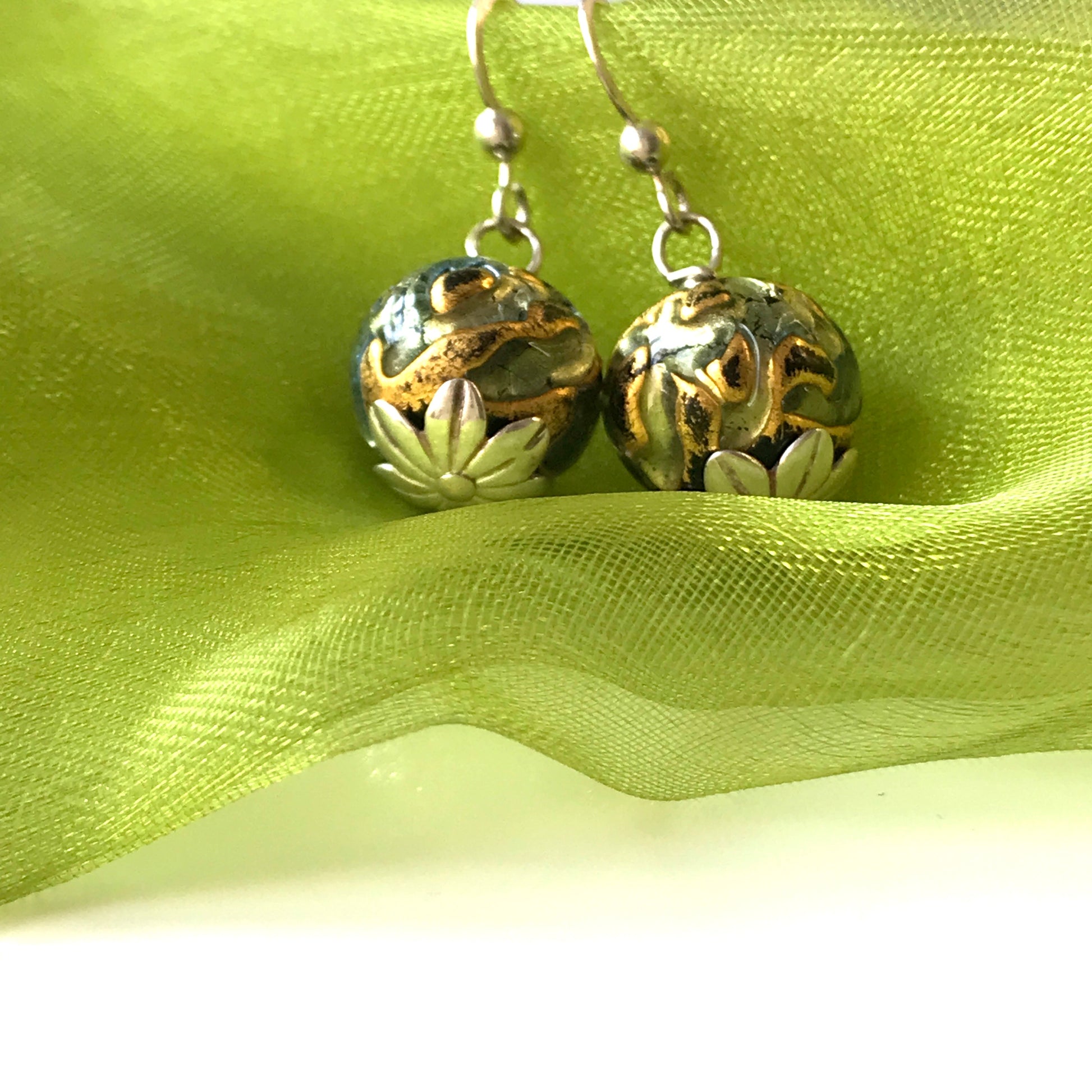 Green and gold round real Murano glass drop earrings