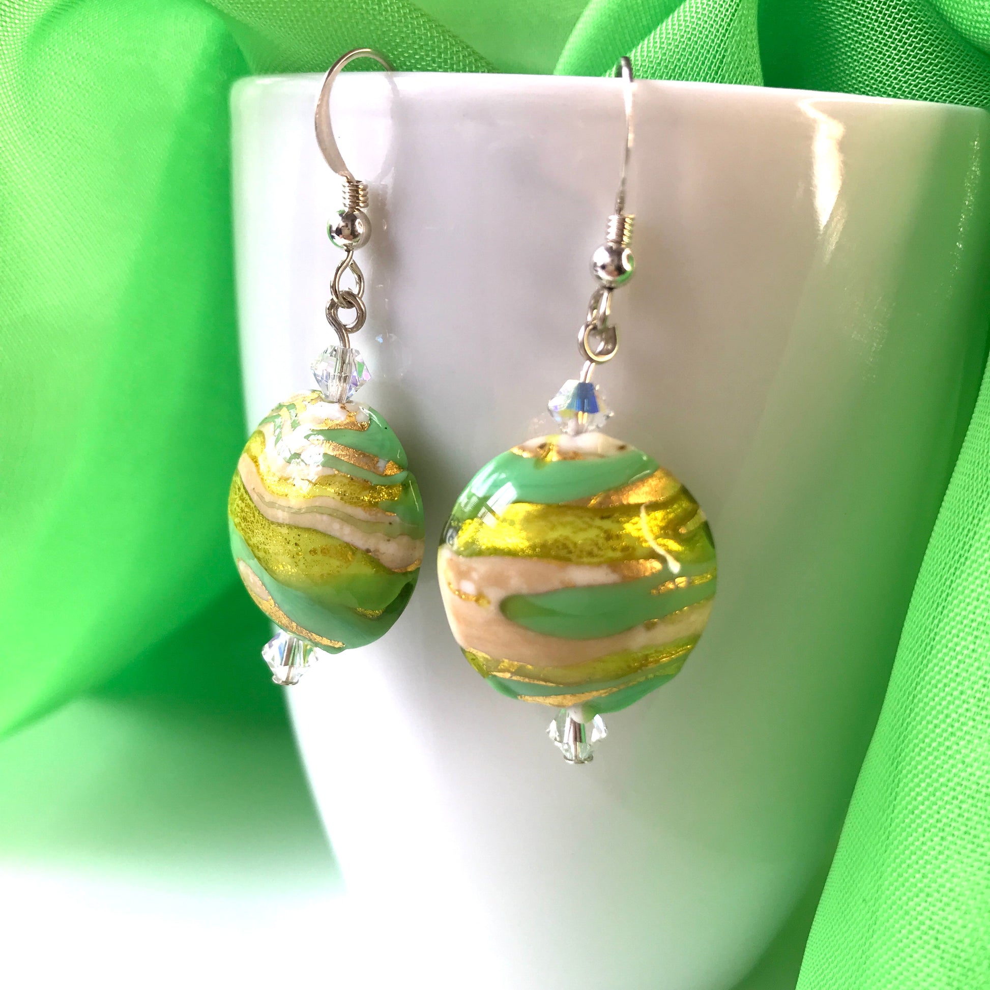 Green and yellow round real Murano glass drop earrings