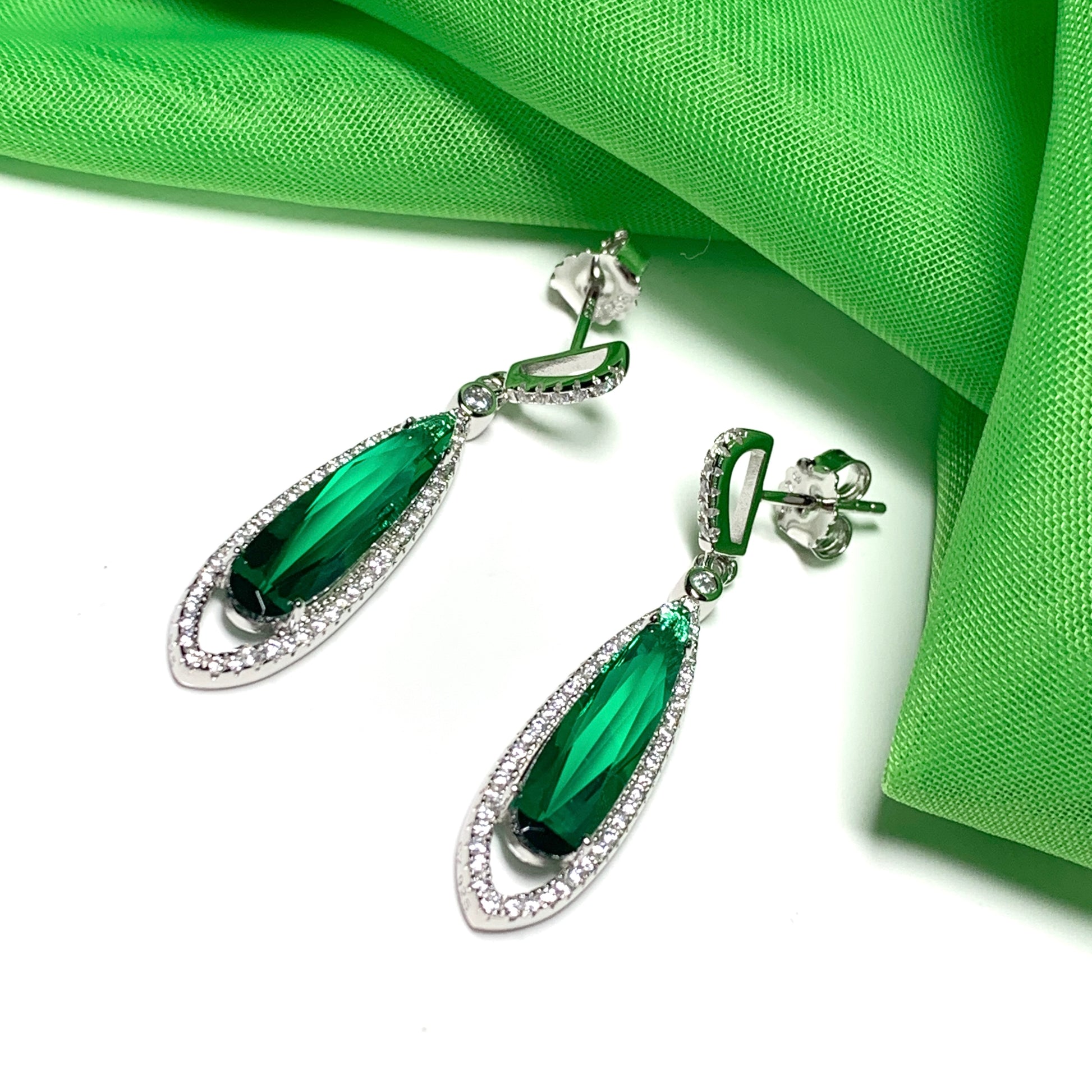 Green pear shaped cubic zirconia silver cluster long drop earrings