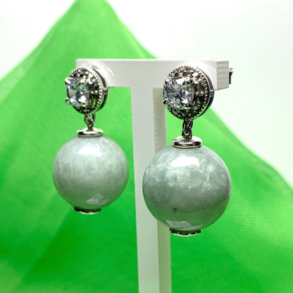 Green jade and cubic zirconia round ball shaped drop earrings