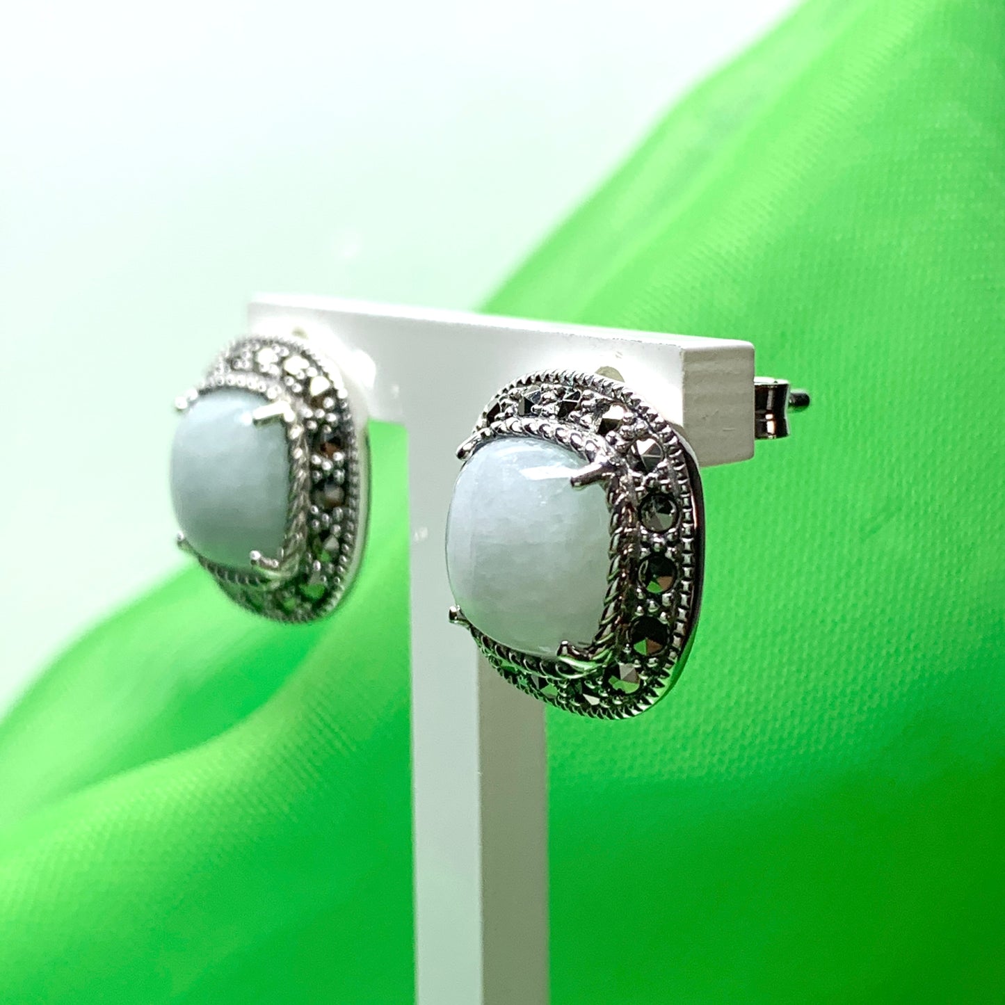 Green jade and marcasite silver cushion shaped stud earrings