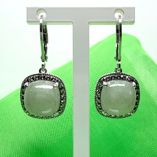 Green jade and marcasite silver cushion shaped drop earrings