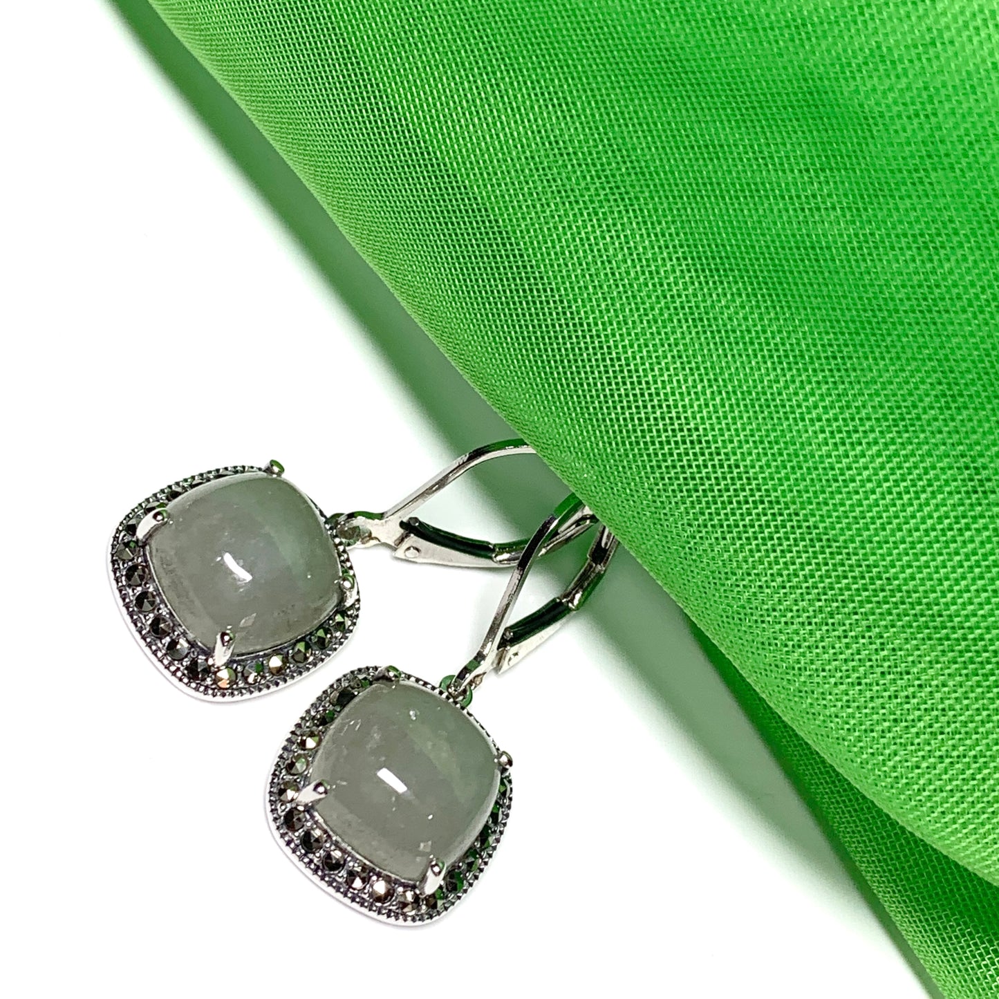 Green jade and marcasite silver cushion shaped drop earrings