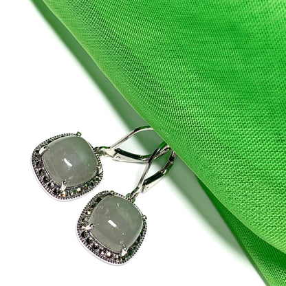 Green jade and marcasite silver cushion shaped drop earrings