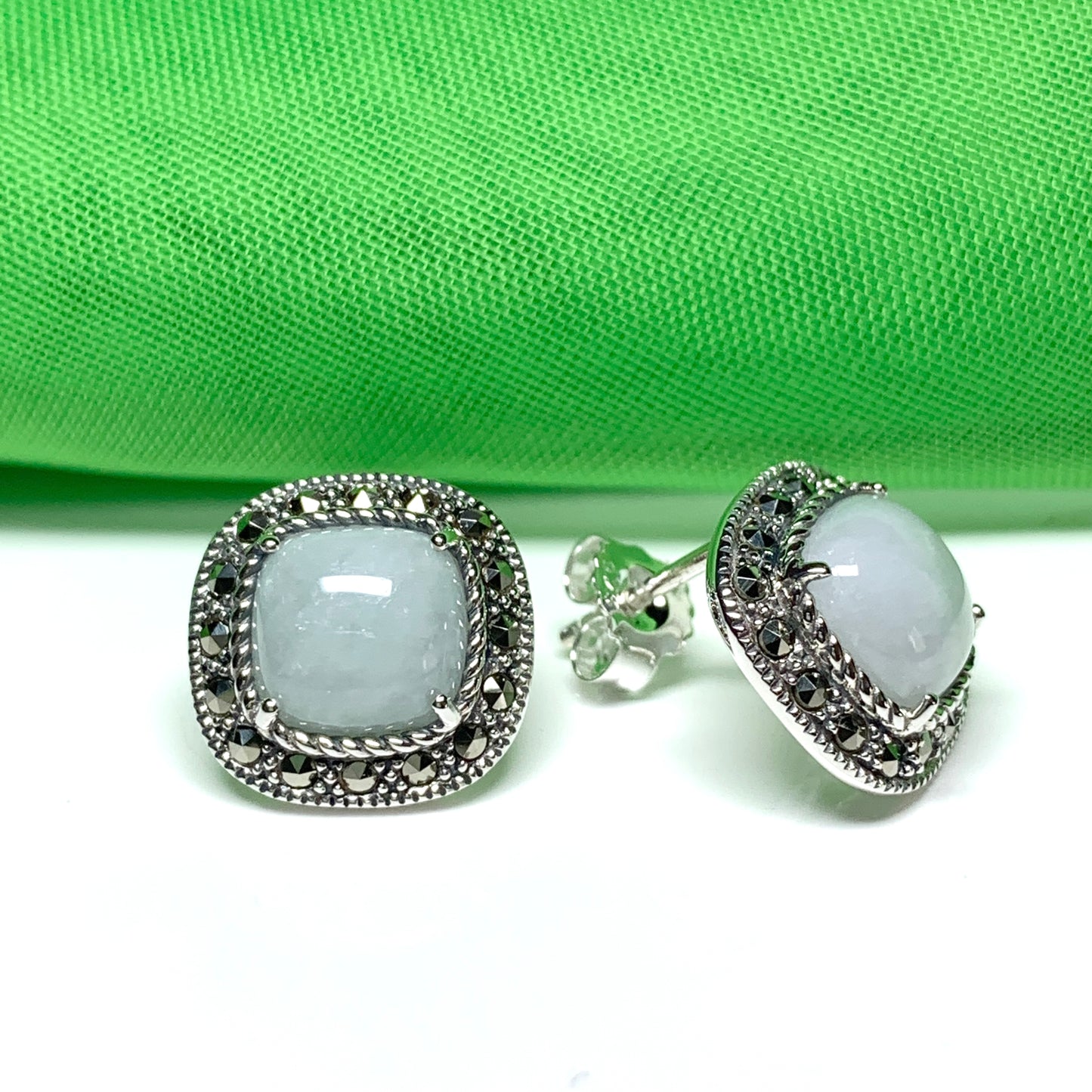 Green jade and marcasite silver cushion shaped stud earrings