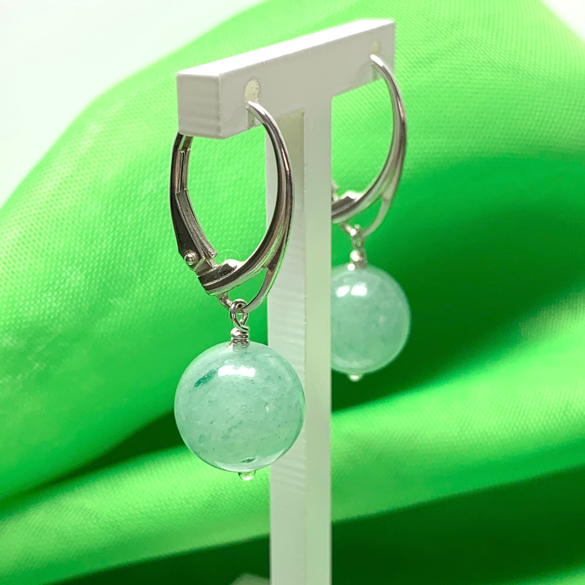 Green jade round ball shaped drop earrings