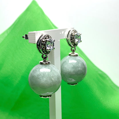 Green jade and cubic zirconia round ball shaped drop earrings