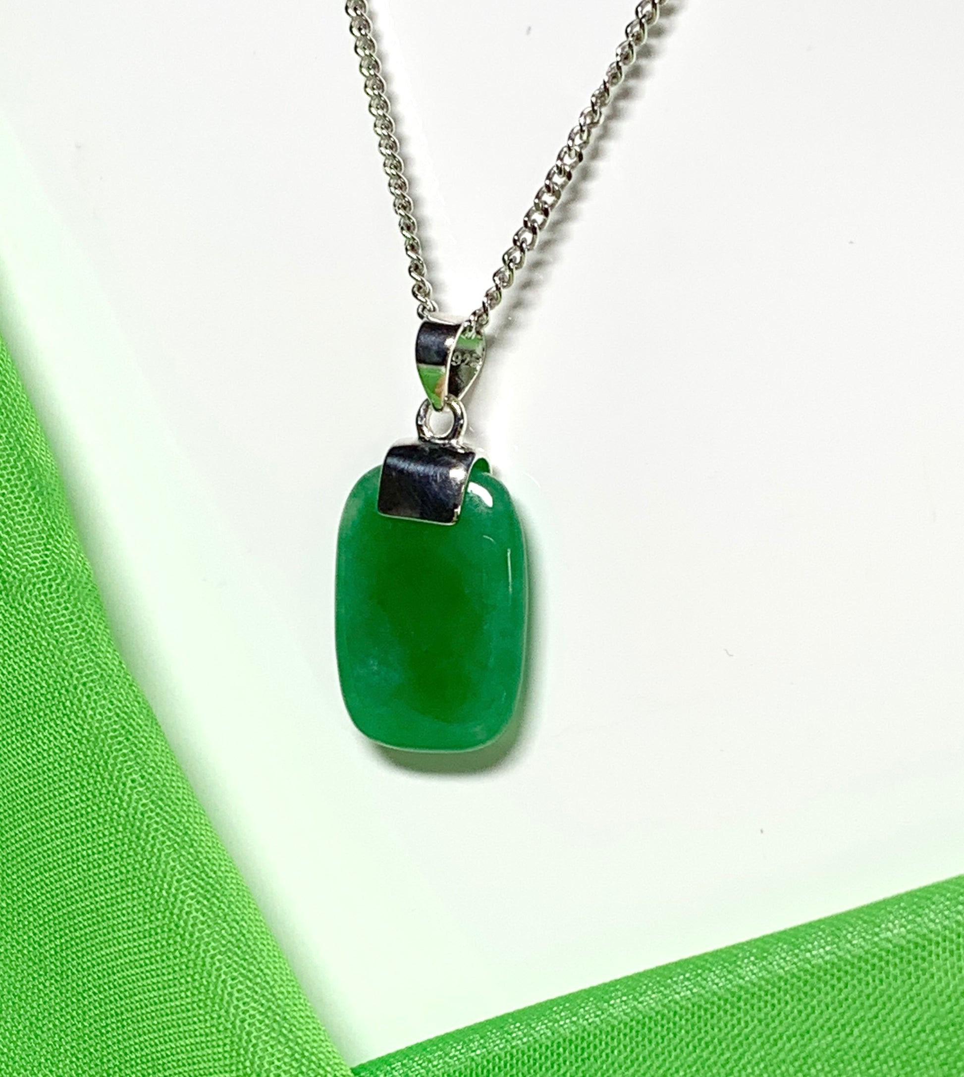 Green jade cushion shaped silver necklace pendant