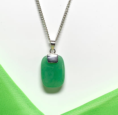 Real green jade necklace cushion shaped stone sterling silver pendant