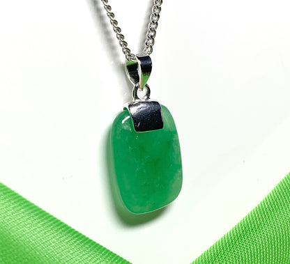 Green jade real necklace cushion shaped stone sterling silver pendant