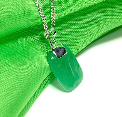 Green jade real necklace cushion shaped stone sterling silver pendant