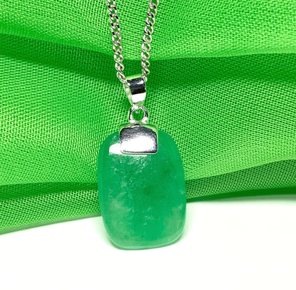 Green jade real necklace cushion shaped stone sterling silver pendant