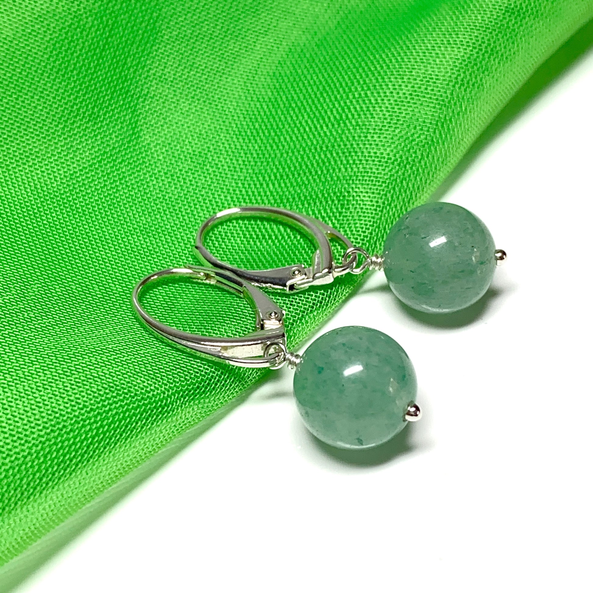 Green jade round ball shaped drop earrings