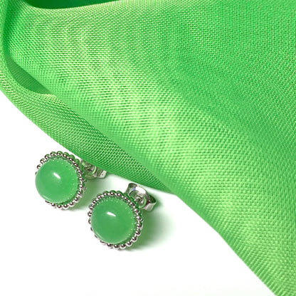 Green jade round patterned sterling silver stud earrings