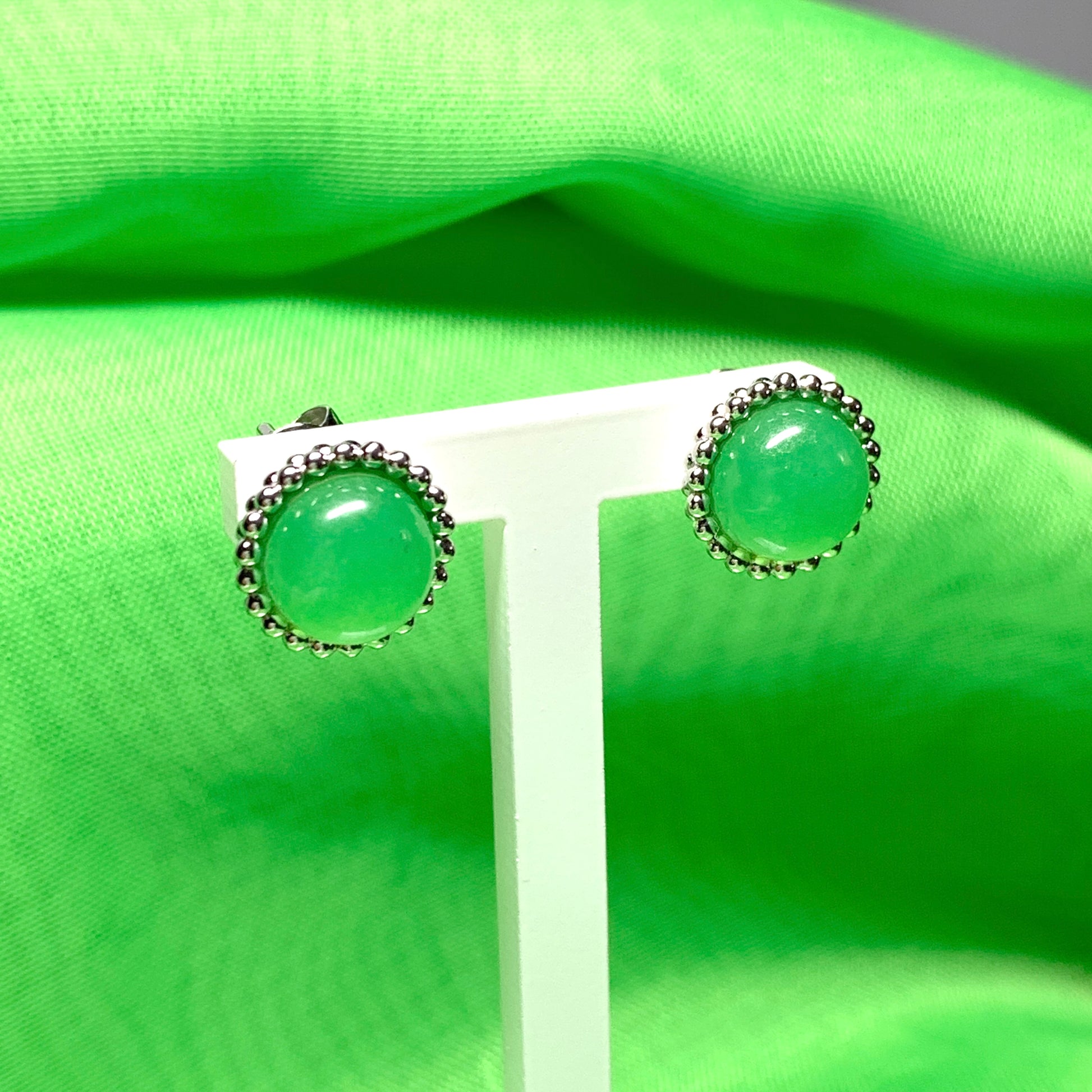 Green jade round patterned sterling silver stud earrings