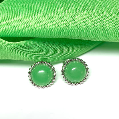 Green jade round patterned sterling silver stud earrings