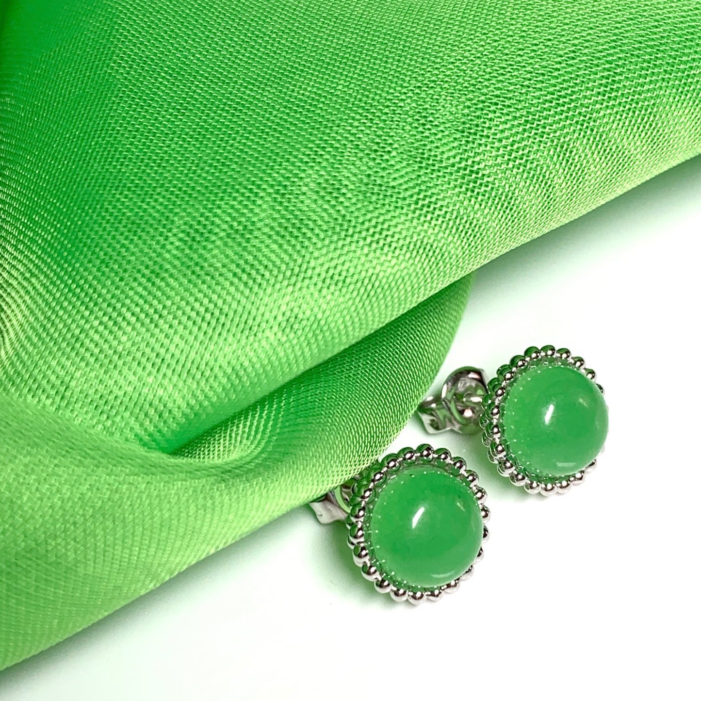 Green jade round patterned sterling silver stud earrings