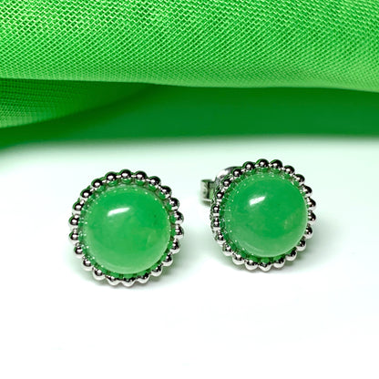 Green jade round patterned sterling silver stud earrings