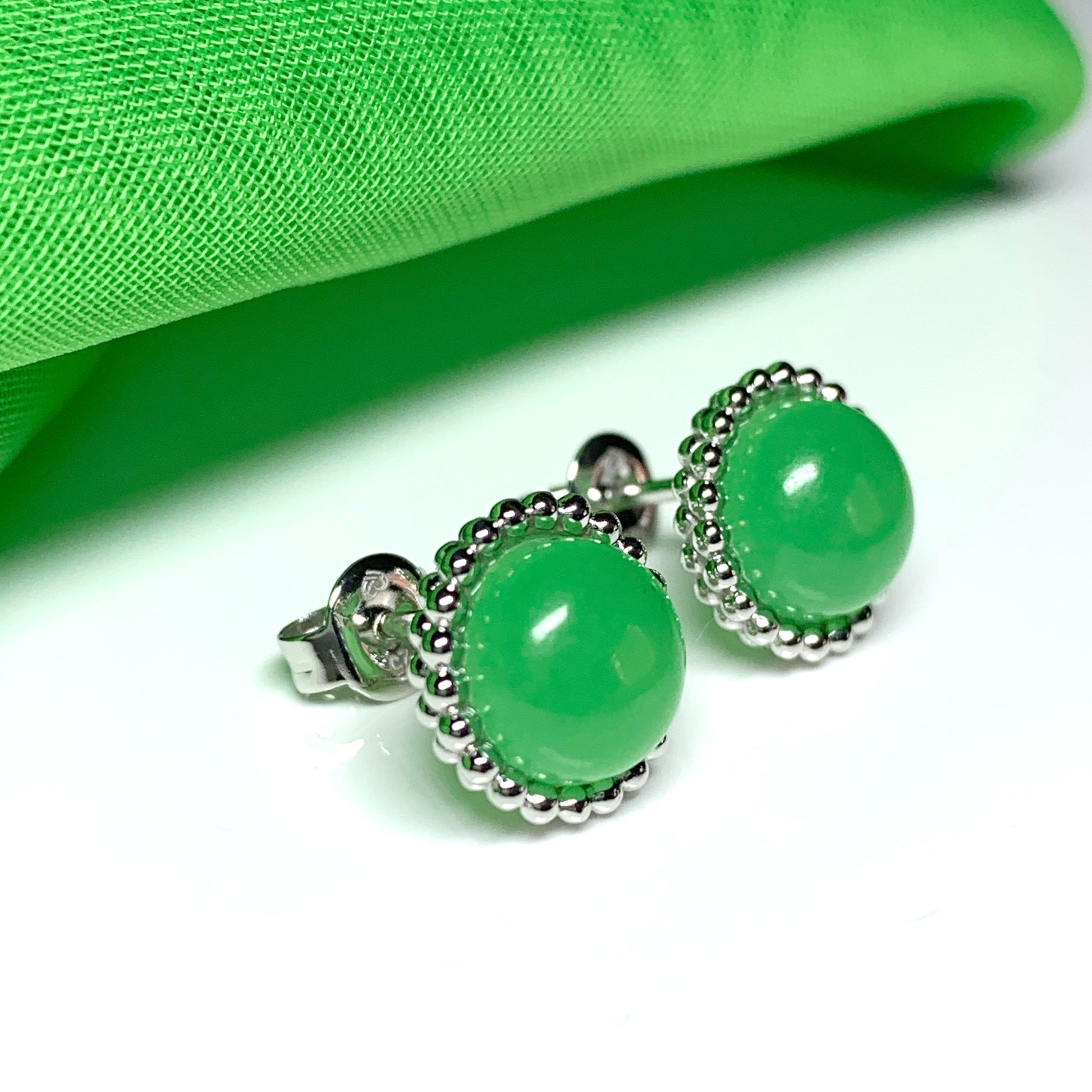 Green jade round patterned sterling silver stud earrings