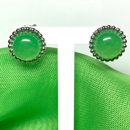 Green jade round patterned sterling silver stud earrings