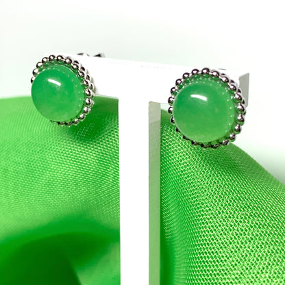 Green jade round patterned sterling silver stud earrings