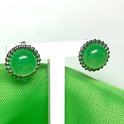 Green jade round patterned sterling silver stud earrings