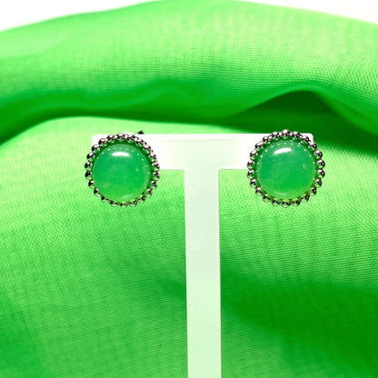 Green jade round patterned sterling silver stud earrings