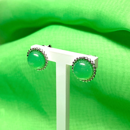 Green jade round patterned sterling silver stud earrings