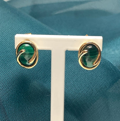 Green Malachite Gold Oval Stud Earrings