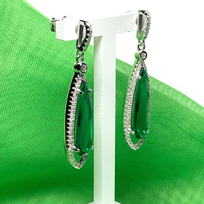 Green pear shaped cubic zirconia silver cluster long drop earrings