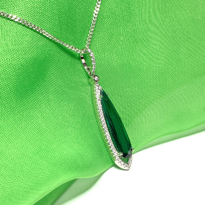 Green pear shaped cubic zirconia silver cluster long drop necklace pendant