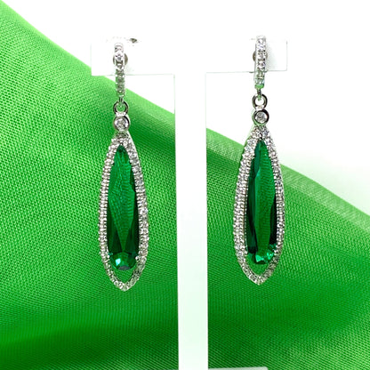 Green pear shaped cubic zirconia silver cluster long drop earrings