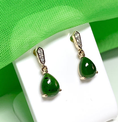 Green pear teardrop real jade and diamond yellow gold drop earrings