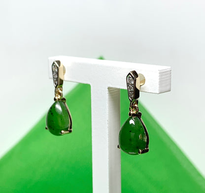 Green pear teardrop real jade and diamond yellow gold drop earrings