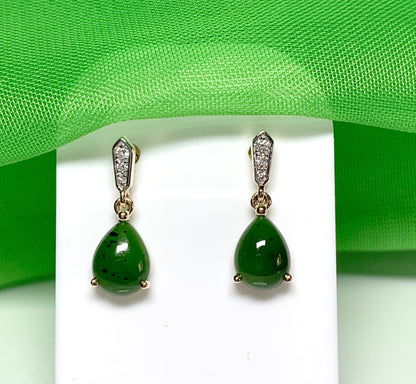 Green pear teardrop real jade and diamond yellow gold drop earrings