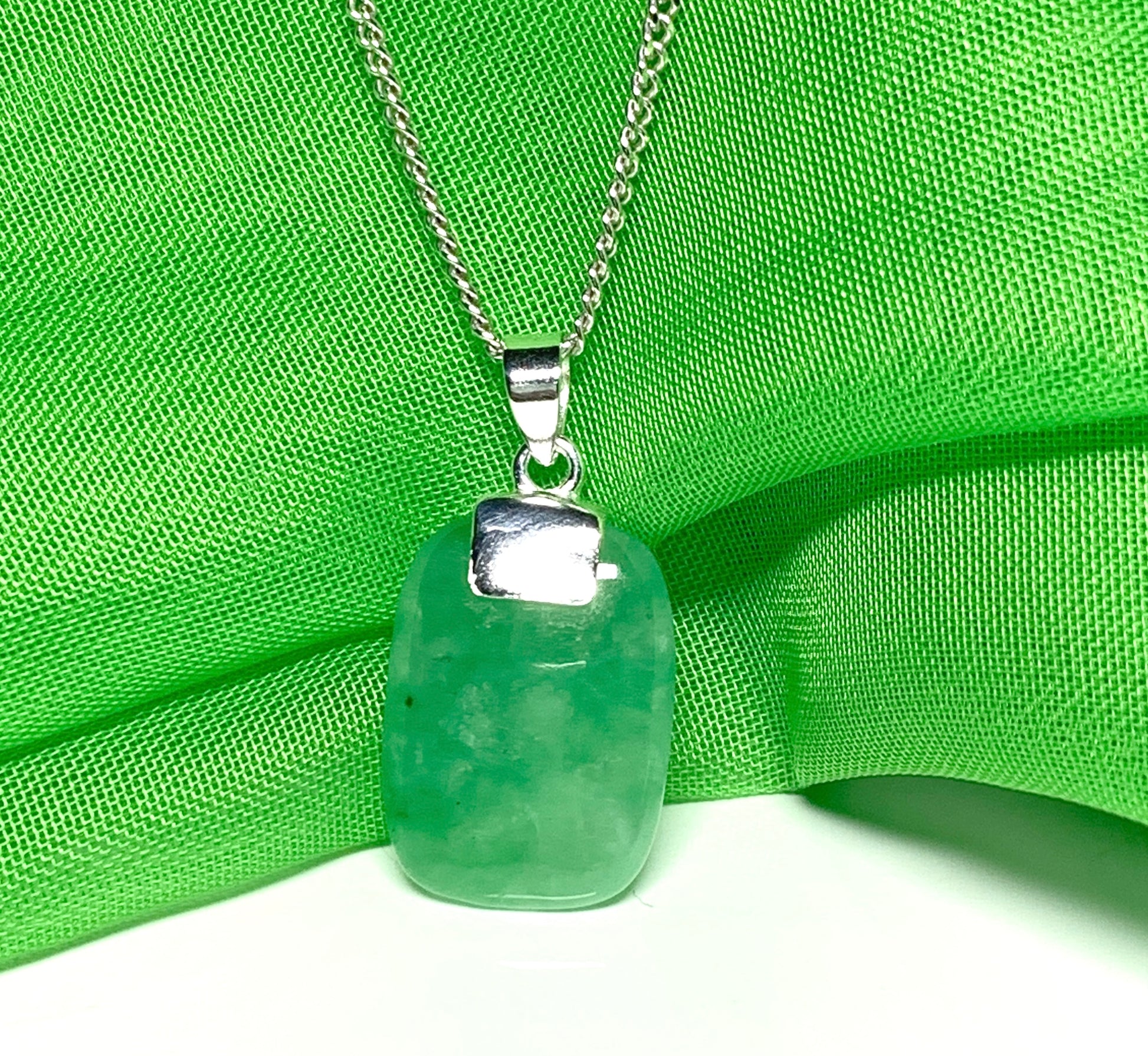 Green real jade necklace cushion shaped stone sterling silver pendant